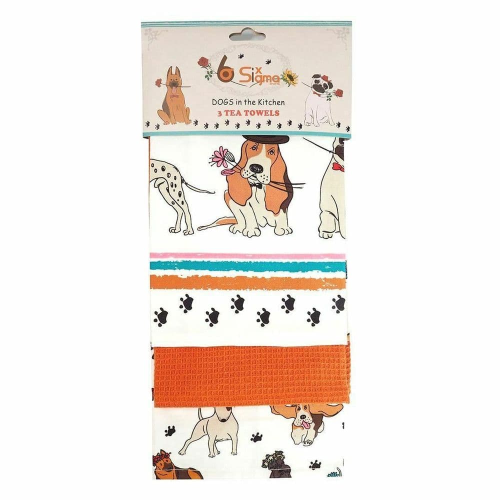 Tea Towels 100% Cotton Decorative Kitchen Dish Linen Cooking BBQ Dogs Pack of 3